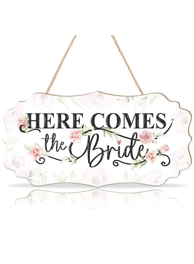 CHDITB CHDITB Here Comes The Bride Wedding Themed Wooden Hanging Sign(12"x5"), Colorful Bride Sign Wall Decor with Rose Flowers Bouquet, Rustic Ring Bearer Sign for Wedding Reception Ceremony Engagement - Image 1
