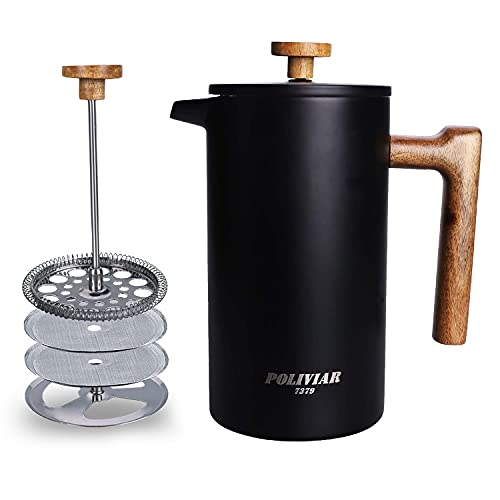 POLIVIAR 7379 POLIVIAR French Press Coffee Maker 34 Ounce Coffee Press with Real Wood Handle Double Wall Insulation  Dual Filter Screen Food Grade Stainless Steel for Good Coffee and Tea Vintage 