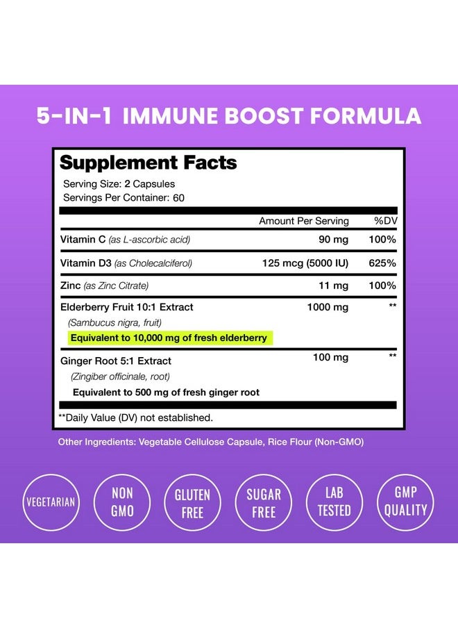 NutraChamps Elderberry Capsules ; 10000Mg Sambucus Elderberry With Zinc And Vitamin C For Adults + Vitamin D3 5000 Iu & Ginger ; 5In1 Antioxidant Immune Support Supplement ; 120 Elderberry Extract Capsules  - Image 3