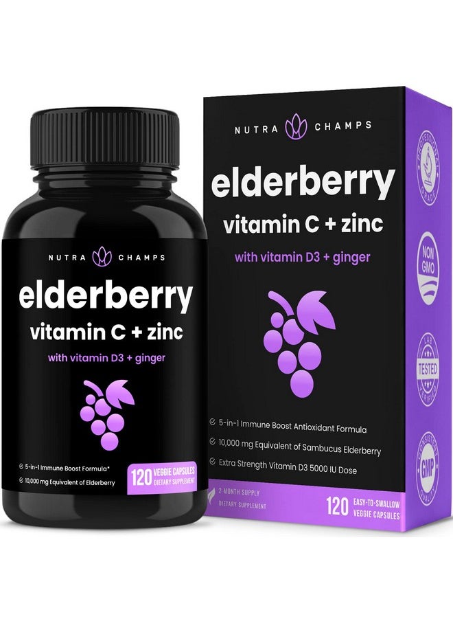 NutraChamps Elderberry Capsules ; 10000Mg Sambucus Elderberry With Zinc And Vitamin C For Adults + Vitamin D3 5000 Iu & Ginger ; 5In1 Antioxidant Immune Support Supplement ; 120 Elderberry Extract Capsules  - Image 2