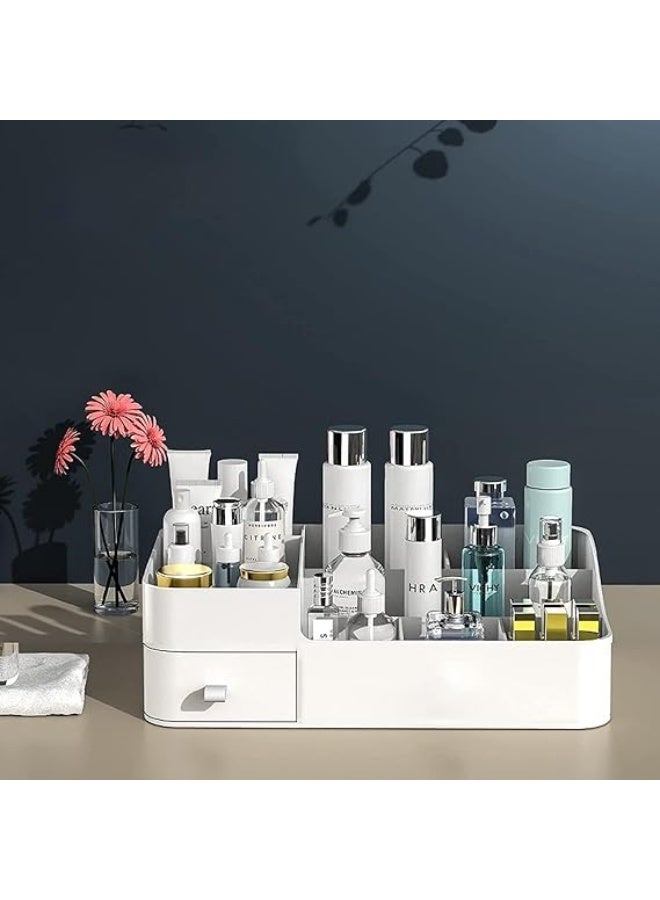 صندوق تخزين مستحضرات التجميل مع رف ودرج، منظم بلاستيكي لتزيين المنزل والطاولة، لمستحضرات التجميل، أحمر الشفاه، طلاء الأظافر، الفرش، منتجات العناية بالبشرة، العطور (أبيض) - Image 2
