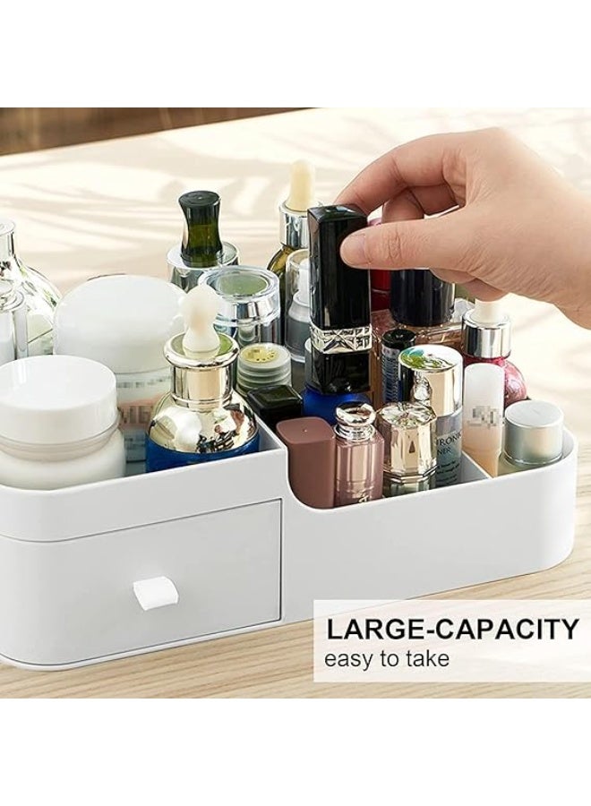 صندوق تخزين مستحضرات التجميل مع رف ودرج، منظم بلاستيكي لتزيين المنزل والطاولة، لمستحضرات التجميل، أحمر الشفاه، طلاء الأظافر، الفرش، منتجات العناية بالبشرة، العطور (أبيض) - Image 3