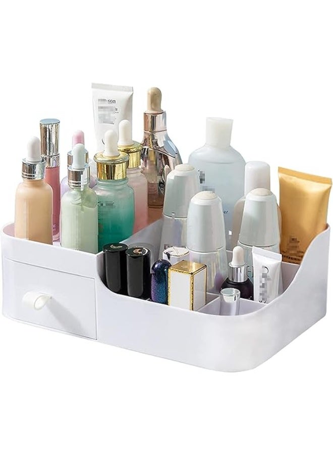 صندوق تخزين مستحضرات التجميل مع رف ودرج، منظم بلاستيكي لتزيين المنزل والطاولة، لمستحضرات التجميل، أحمر الشفاه، طلاء الأظافر، الفرش، منتجات العناية بالبشرة، العطور (أبيض) - Image 1