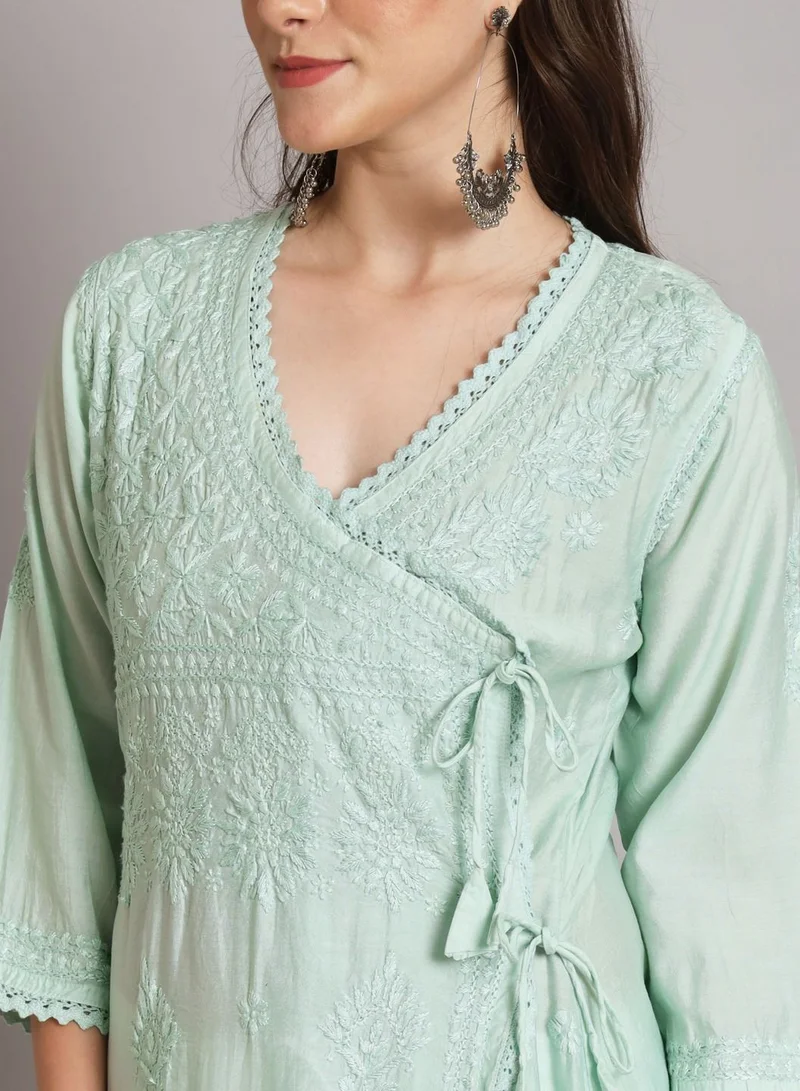 الايا Hand Embroidered Chikankari A-Line Chanderi Cotton Angarkha Kurta-AL3667
