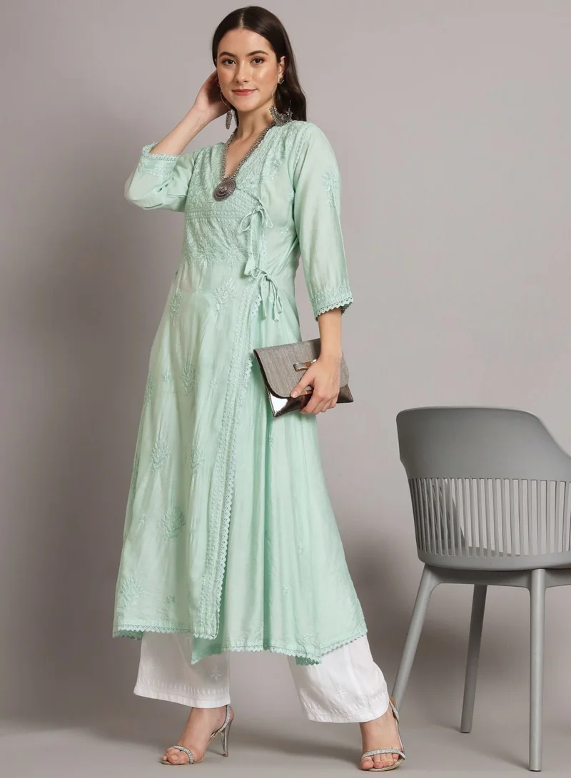 الايا Hand Embroidered Chikankari A-Line Chanderi Cotton Angarkha Kurta-AL3667