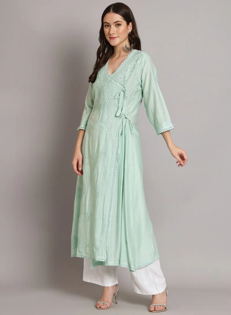 الايا Hand Embroidered Chikankari A-Line Chanderi Cotton Angarkha Kurta-AL3667