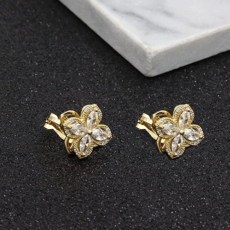 YOQUCOL Cubic Zirconia Crystal Rotatable Flower Shaped Golden Clip On Earrings Non Pierced Golden Stud for Women - Image 5