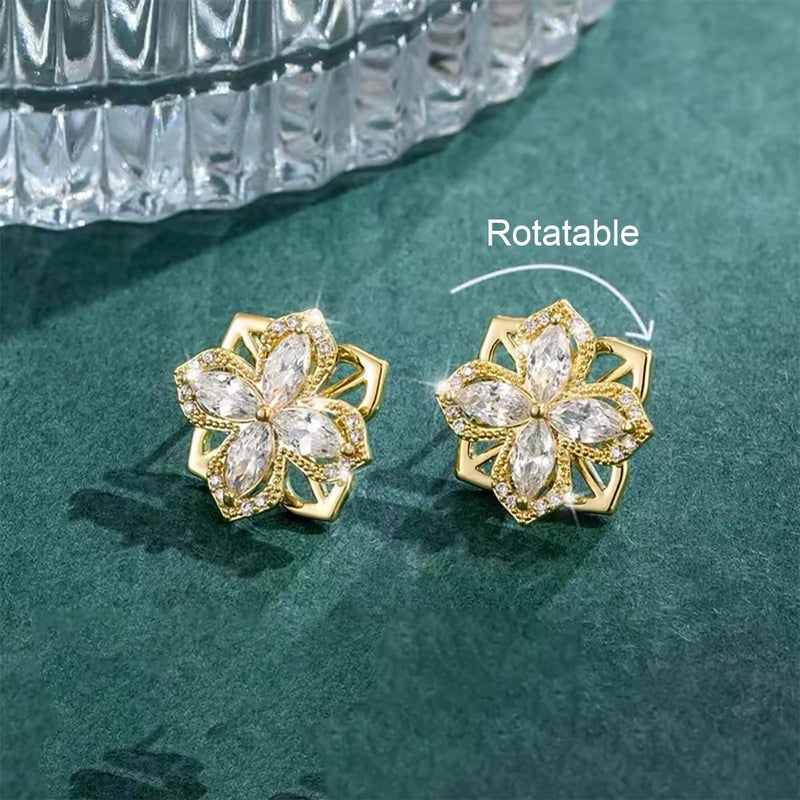 YOQUCOL Cubic Zirconia Crystal Rotatable Flower Shaped Golden Clip On Earrings Non Pierced Golden Stud for Women - Image 2
