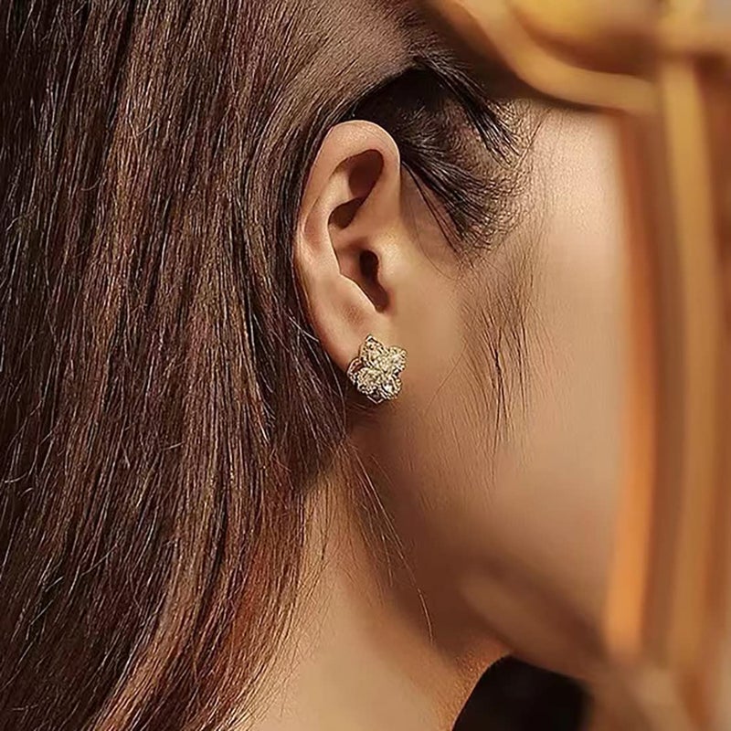 YOQUCOL Cubic Zirconia Crystal Rotatable Flower Shaped Golden Clip On Earrings Non Pierced Golden Stud for Women - Image 3