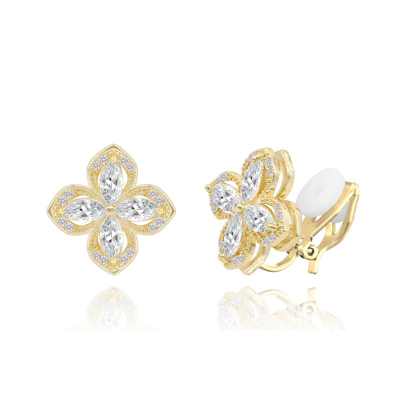 YOQUCOL Cubic Zirconia Crystal Rotatable Flower Shaped Golden Clip On Earrings Non Pierced Golden Stud for Women - Image 1