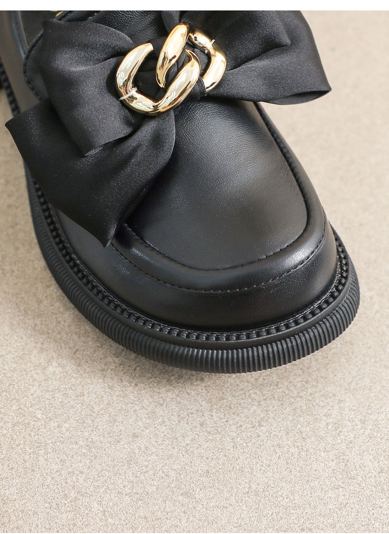 Loquat Bow Knot Of Soft Round Toe Small Leather Shoes Black  - Image 2