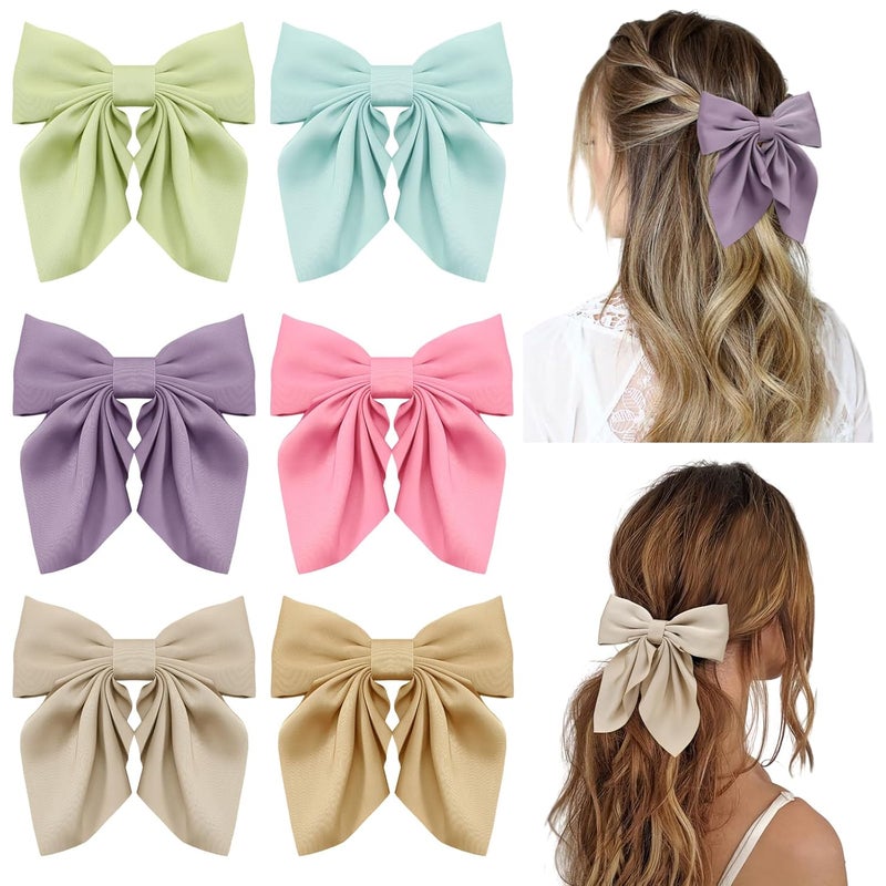Seiolieliou 6Pcs Hair Bows for Women Bow Hair Clips Silky Satin Hair Bows for Girls Candy Colors Hair Ribbon Cute Bow Clips for Women Hair Accessories Gifts
