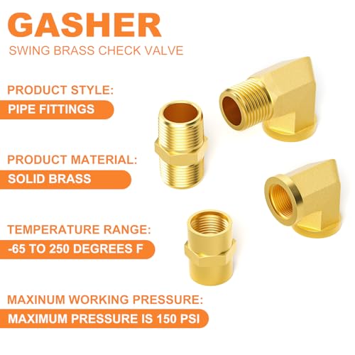 GASHER 8PCS 1/4 Inch NPT Brass Pipe Fittings, Hex Nipple, Hex Coupling, 90 Degree Barstock Street Elbow Air Hose Fittings - Image 3
