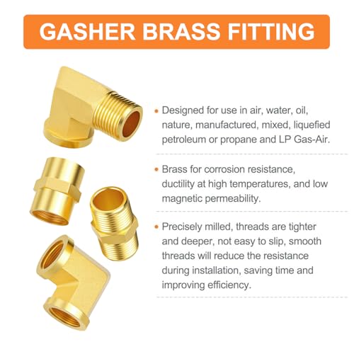 GASHER 8PCS 1/4 Inch NPT Brass Pipe Fittings, Hex Nipple, Hex Coupling, 90 Degree Barstock Street Elbow Air Hose Fittings - Image 4