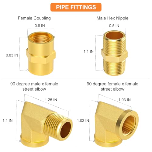 GASHER 8PCS 1/4 Inch NPT Brass Pipe Fittings, Hex Nipple, Hex Coupling, 90 Degree Barstock Street Elbow Air Hose Fittings - Image 2