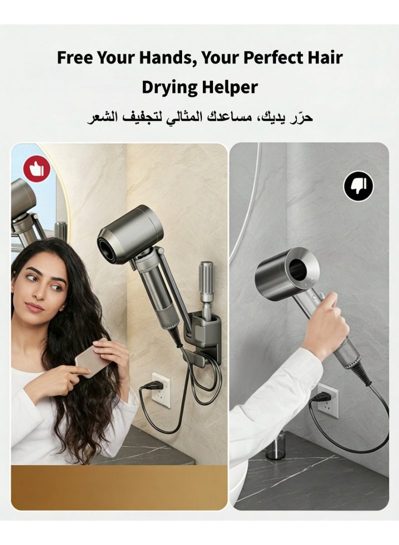 Hair Dryer Holder Wall Mounted Self Adhesive No Drill , Hair Dryer Stand Adjustable Blow Dryer Holder for Bathroom , Hair Tool Organizer Wall Mount Hair Styling Storage Rack - Image 2