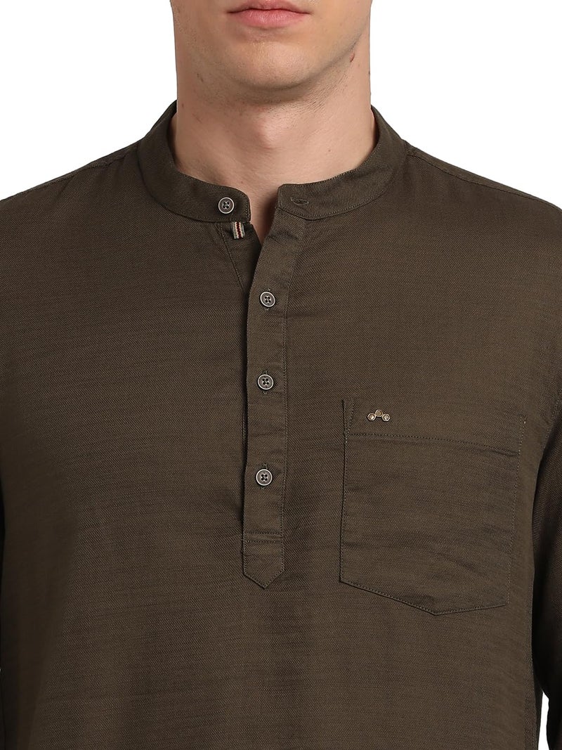 Turtle Men 100% Cotton Brown Solid Slim Fit Casual Kurta Shirt - Image 5