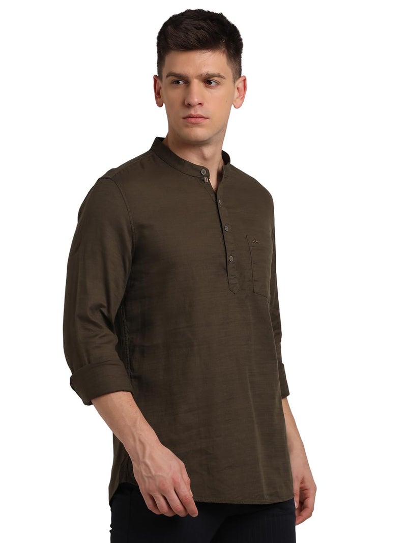 Turtle Men 100% Cotton Brown Solid Slim Fit Casual Kurta Shirt - Image 4