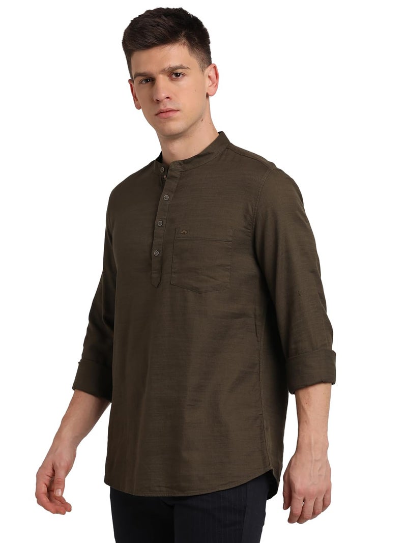 Turtle Men 100% Cotton Brown Solid Slim Fit Casual Kurta Shirt - Image 3