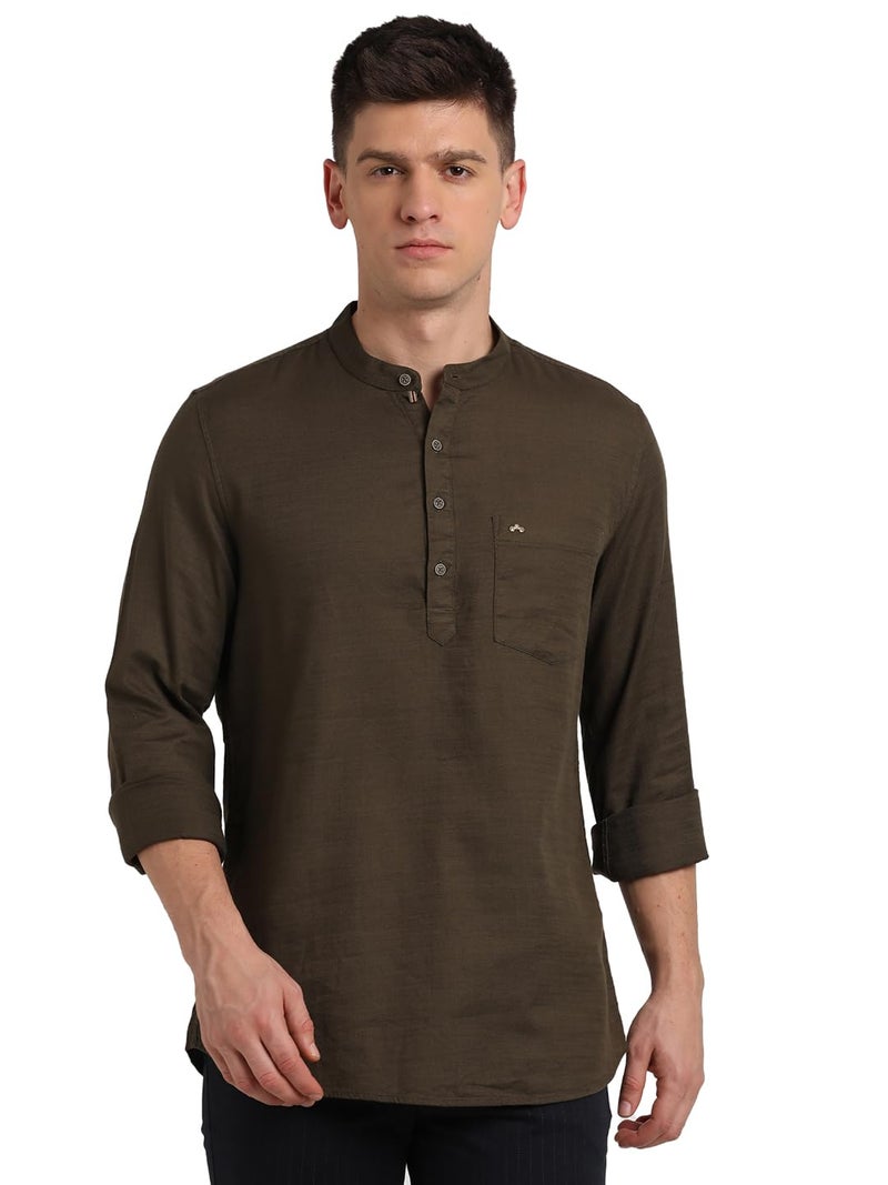Turtle Men 100% Cotton Brown Solid Slim Fit Casual Kurta Shirt - Image 1