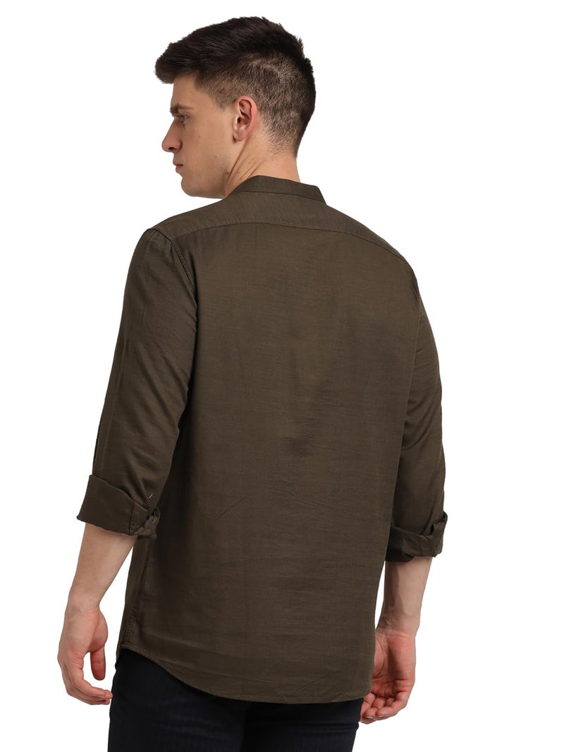 Turtle Men 100% Cotton Brown Solid Slim Fit Casual Kurta Shirt - Image 2
