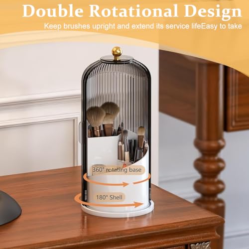 MAYCREATE Plastic Cosmetics Makeup Brush Holder Organizer With Lid, 3-Grid Makeup Storage Case 360° Rotatable Dustproof Makeup Brushes Organizer Stand For Vanity Desktop Bathroom-Grey - Image 4