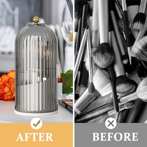 MAYCREATE Plastic Cosmetics Makeup Brush Holder Organizer With Lid, 3-Grid Makeup Storage Case 360° Rotatable Dustproof Makeup Brushes Organizer Stand For Vanity Desktop Bathroom-Grey - Image 5