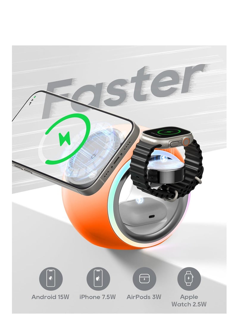 SYOSI - 3 in 1 Wireless Charging Station, Magnetic Wireless Charger for iPhone Apple Watch and AirPods, Fast Wireless Charger Stand for iPhone 15/14/13/12, for Multiple Devices (Orange) - Image 1