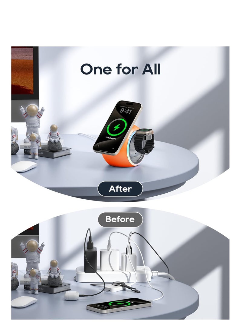 SYOSI - 3 in 1 Wireless Charging Station, Magnetic Wireless Charger for iPhone Apple Watch and AirPods, Fast Wireless Charger Stand for iPhone 15/14/13/12, for Multiple Devices (Orange) - Image 1