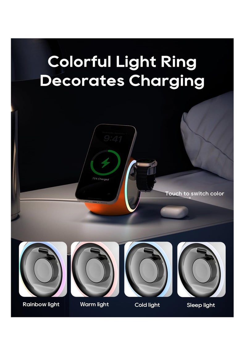 SYOSI - 3 in 1 Wireless Charging Station, Magnetic Wireless Charger for iPhone Apple Watch and AirPods, Fast Wireless Charger Stand for iPhone 15/14/13/12, for Multiple Devices (Orange) - Image 1