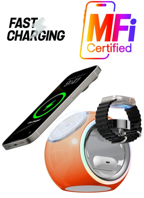 3 in 1 Wireless Charging Station, Magnetic Wireless Charger for iPhone Apple Watch and AirPods, Fast Wireless Charger Stand for iPhone 15/14/13/12, for Multiple Devices (Orange)