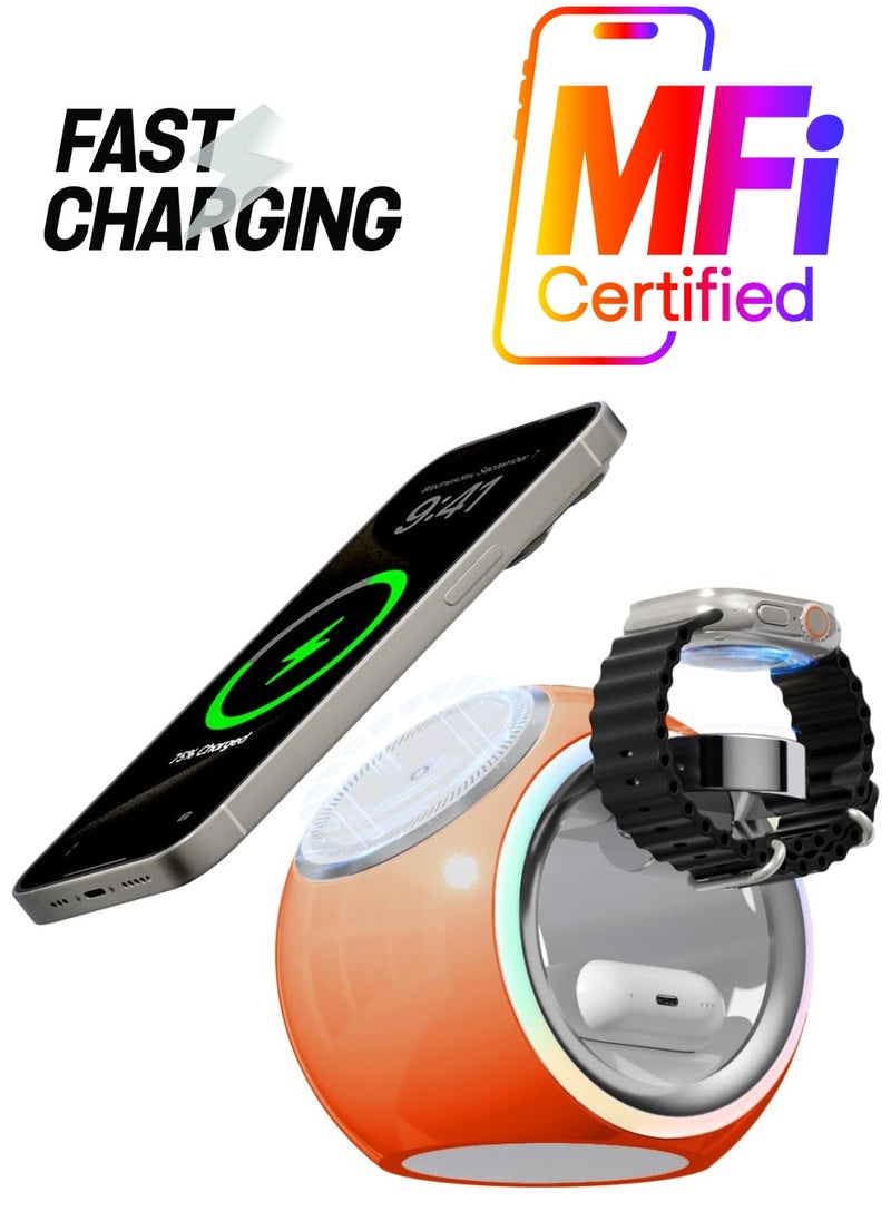 SYOSI - 3 in 1 Wireless Charging Station, Magnetic Wireless Charger for iPhone Apple Watch and AirPods, Fast Wireless Charger Stand for iPhone 15/14/13/12, for Multiple Devices (Orange) - Image 1