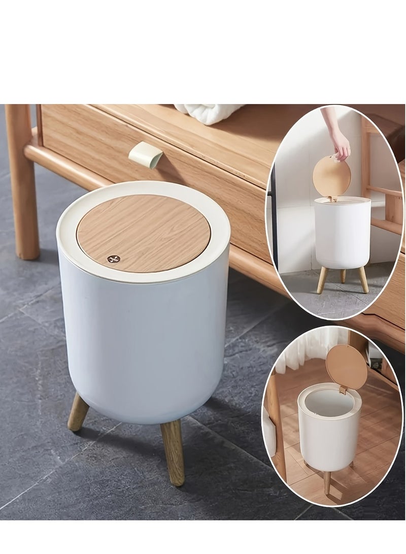 Deluxe 2.64-Gallon Round Striped Trash Can – Wood Grain Lid, Push-to-Open, Odor Resistant Design for Kitchen, Living Room & Bathroom  - Image 1