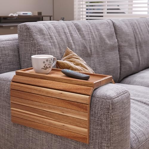 Danfoxer Sofa Arm Tray,Acacia Wood Folding Couch Arm Tray,Sofa Armrest Trays with Anti-Slip Pad for Drinks,Snacks,Phone,Remote Control - Image 2