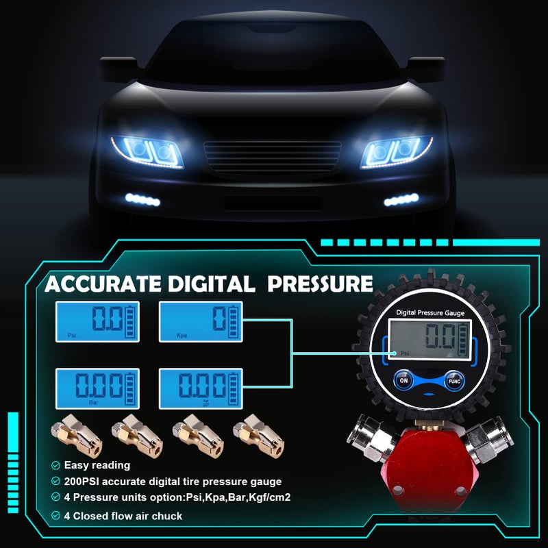 Orcair 4 Way Tire Inflation Deflation System with 4 Closed Flow Air Chuck Digital Tire Pressure Gauge for Car Trucks Off Road Vehicles-Compatible with HPA Tanks and Compressors - Image 2
