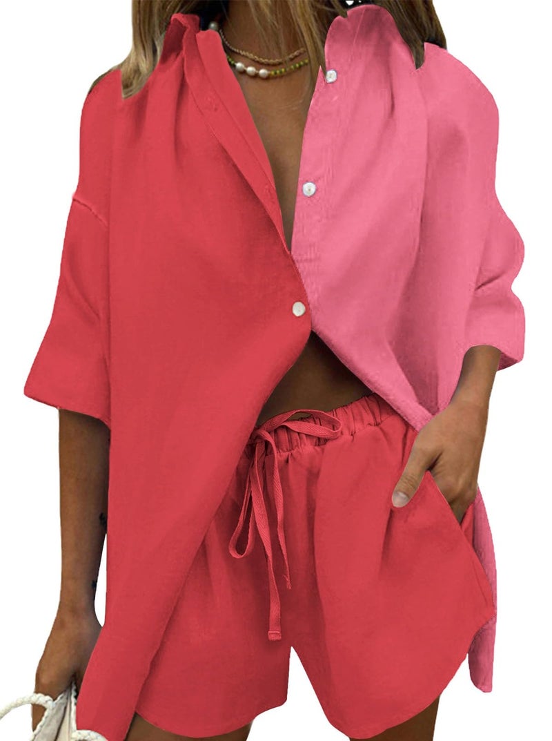 Fixmatti Women 2 Piece Colorblock Outfit Summer Short Sleeve Button Down Top and Shorts Sweatsuit Set Red M - Image 1