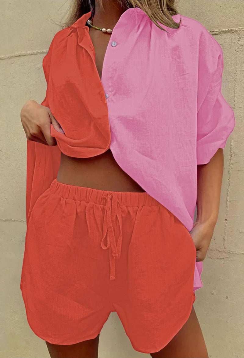 Fixmatti Women 2 Piece Colorblock Outfit Summer Short Sleeve Button Down Top and Shorts Sweatsuit Set Red M - Image 4