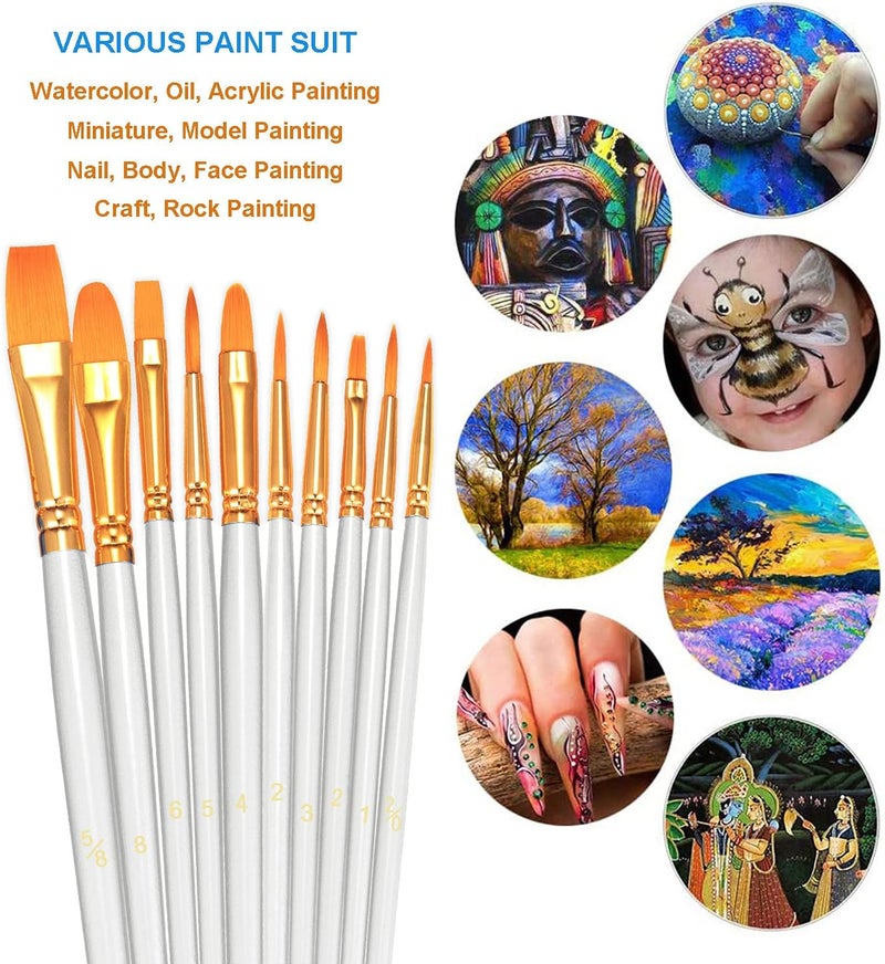 BOSOBO Paint Brushes Set, 2 Pack 20 Pcs Round Pointed Tip Paintbrushes Nylon Hair Artist Acrylic Paint Brushes for Acrylic Oil Watercolor, Face Nail Art, Miniature Detailing & Rock Painting, White - Image 3