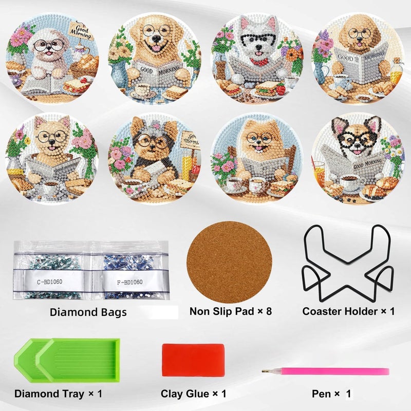Ekuxom 8 Pcs Diamond Art Coasters Kit for Adults- Dog Diamond Painting Coasters with Holder-DIY Crafts Art Coaster Kit for Home Decor - Image 3