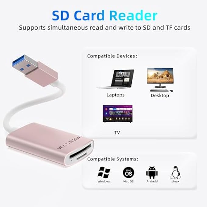 WALNEW USB 3.0 MICRO SD CARD READER WITH DUAL SLOTS FOR SD/SDXC/SDHC/MICRO SDXC/TF/MICRO SDHC/UHS-I,UNIVERSAL MEMORY CARD READER FOR MAC OS,WINDOWS,ANDROID ON PC,LAPTOP,AND CAMERA (PINK) - Image 3