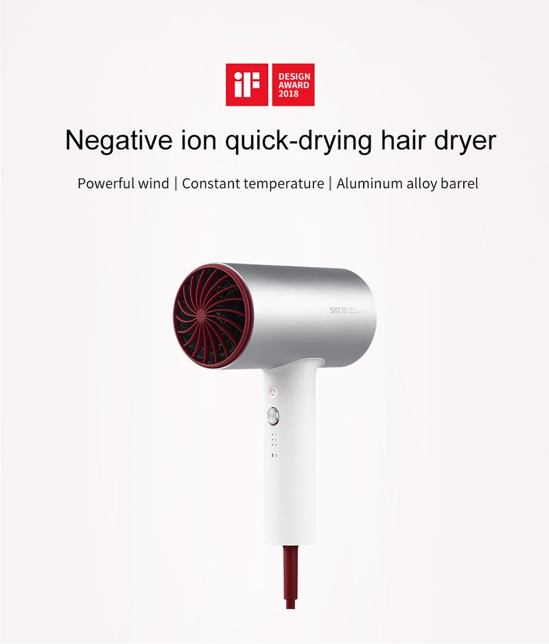 Soocas H5 Negative Ion Hair Dryer, Quick-Dry Foldable, 1800w, for Home and Travel, Silver - Image 2