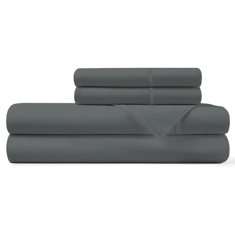 Pizuna Percale Cotton Sheets Queen Size, 100% Long Staple Cotton Crisp Percale Sheets Queen with 15 inch Deep Pocket (Combed Dark Grey Cotton Sheets Queen) - Image 1