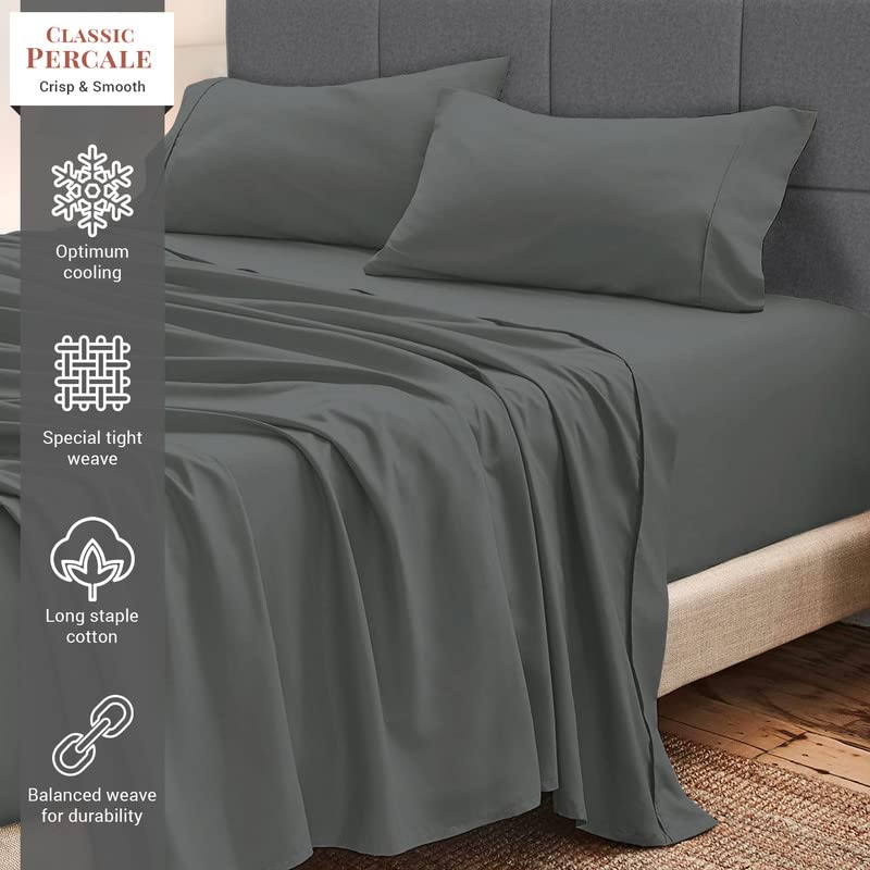 Pizuna Percale Cotton Sheets Queen Size, 100% Long Staple Cotton Crisp Percale Sheets Queen with 15 inch Deep Pocket (Combed Dark Grey Cotton Sheets Queen) - Image 2