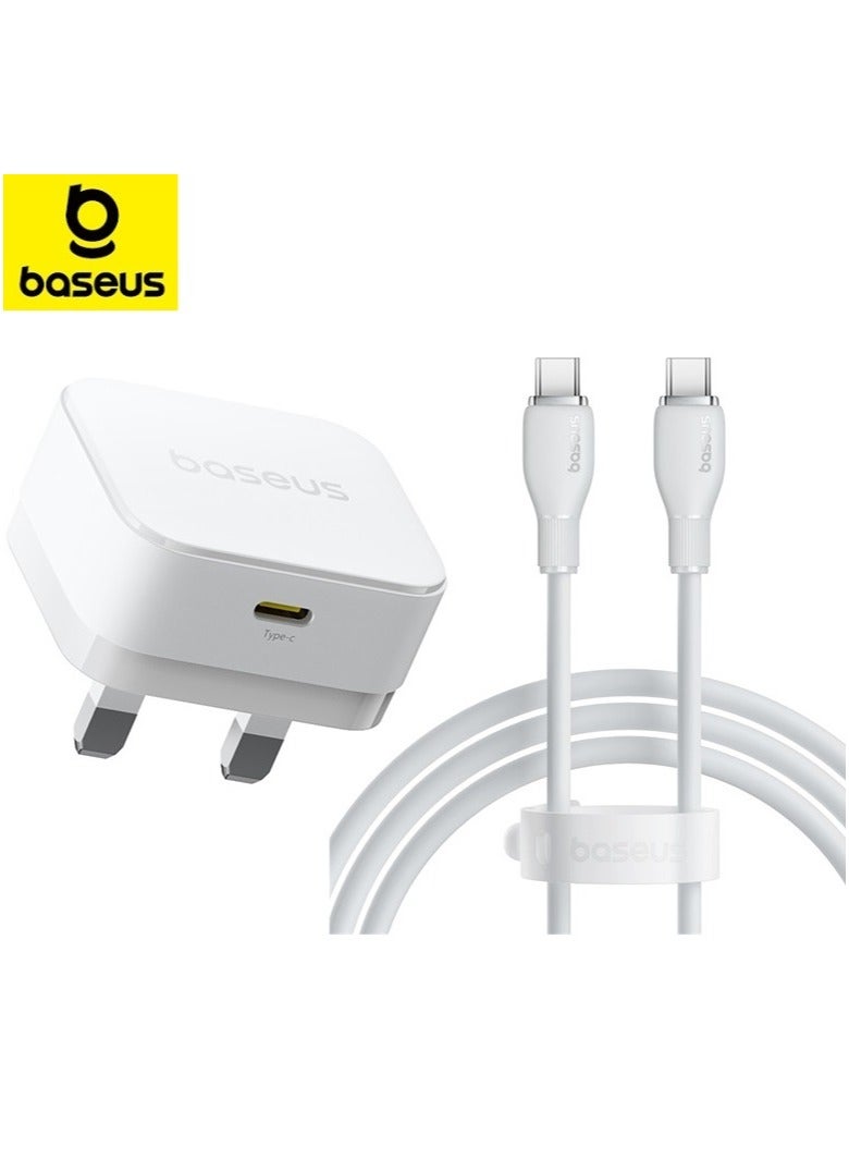 بيسوس شاحن 30 واط GaN USB-C PD مع كابل Type-C بطول 1 متر 60 واط، مجموعة محول حائط للشحن السريع متوافقة مع iPhone 16 Pro Max/15/14، iPad Air/Pro، Samsung S25U/S24U، Xiaomi Redmi Note 14/13/12، POCO X7 Pro، HONOR، Realme، OnePlus، محول طاقة Type-C للهواتف والأجهزة اللوحية والمزيد (أبيض) - Image 1