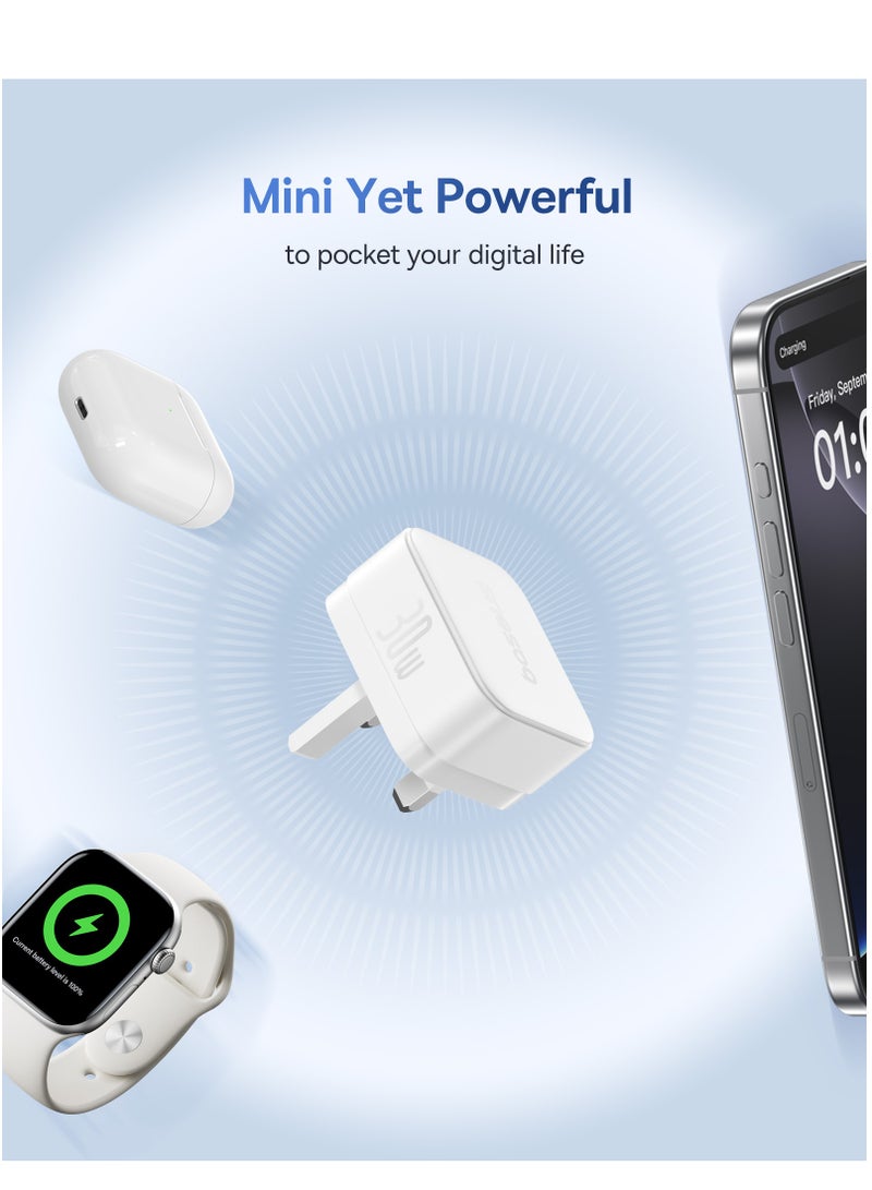 بيسوس شاحن 30 واط GaN USB-C PD مع كابل Type-C بطول 1 متر 60 واط، مجموعة محول حائط للشحن السريع متوافقة مع iPhone 16 Pro Max/15/14، iPad Air/Pro، Samsung S25U/S24U، Xiaomi Redmi Note 14/13/12، POCO X7 Pro، HONOR، Realme، OnePlus، محول طاقة Type-C للهواتف والأجهزة اللوحية والمزيد (أبيض) - Image 3
