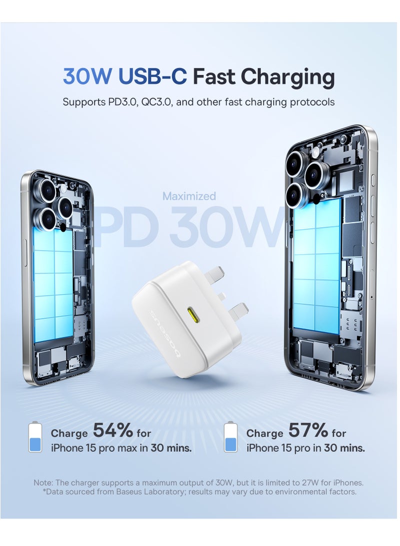 بيسوس شاحن 30 واط GaN USB-C PD مع كابل Type-C بطول 1 متر 60 واط، مجموعة محول حائط للشحن السريع متوافقة مع iPhone 16 Pro Max/15/14، iPad Air/Pro، Samsung S25U/S24U، Xiaomi Redmi Note 14/13/12، POCO X7 Pro، HONOR، Realme، OnePlus، محول طاقة Type-C للهواتف والأجهزة اللوحية والمزيد (أبيض) - Image 2