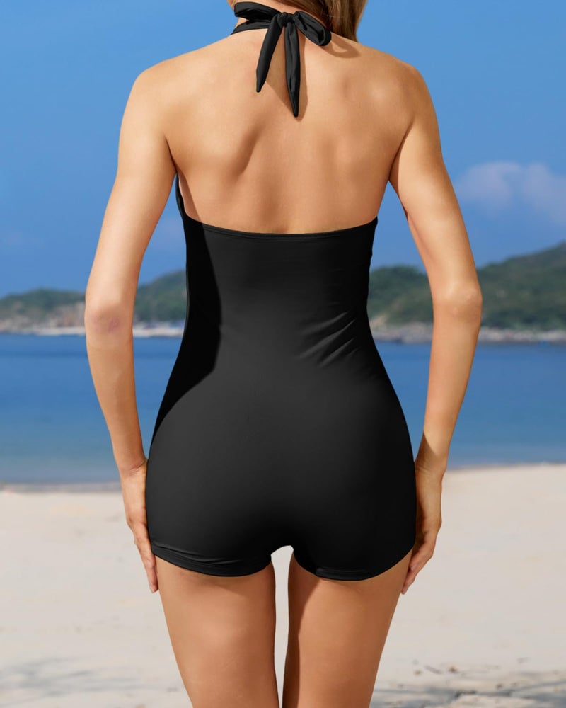Tempt Me Women Black Stripe Tummy Control One Piece Swimsuits with Shorts Boyleg Retro Bathing Suit Halter Swimwear L - Image 2