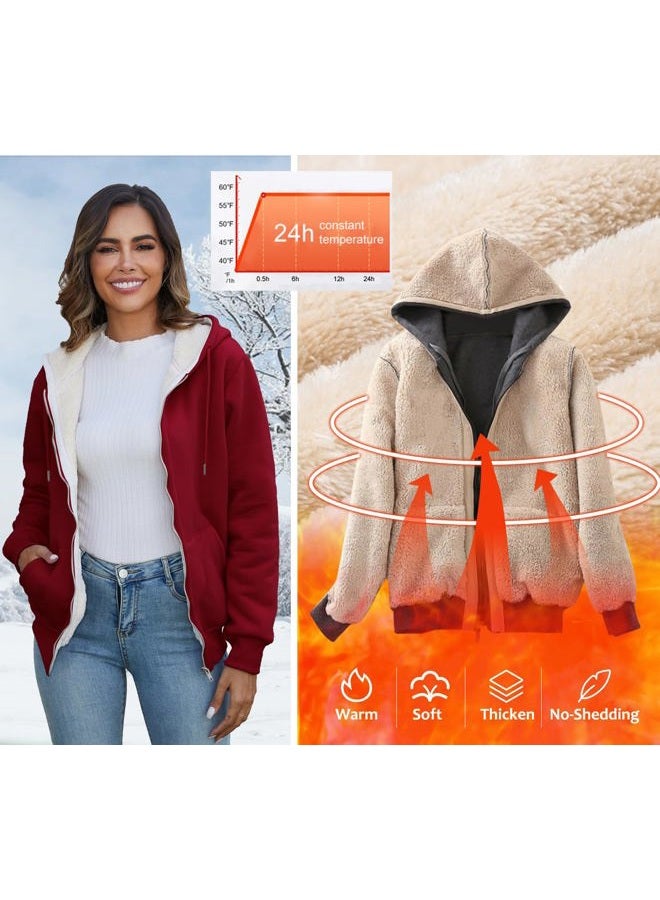 MYSNBKN Women Winter Hoodies Zip Up Fleece Sherpa Lined Warm Sweatshirts Jacket(WineRed-L)  - Image 2