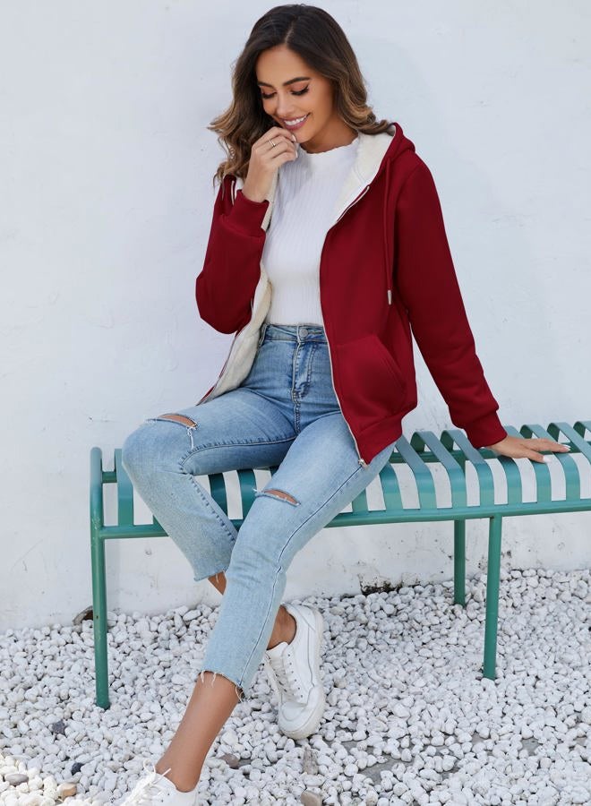 MYSNBKN Women Winter Hoodies Zip Up Fleece Sherpa Lined Warm Sweatshirts Jacket(WineRed-L)  - Image 5