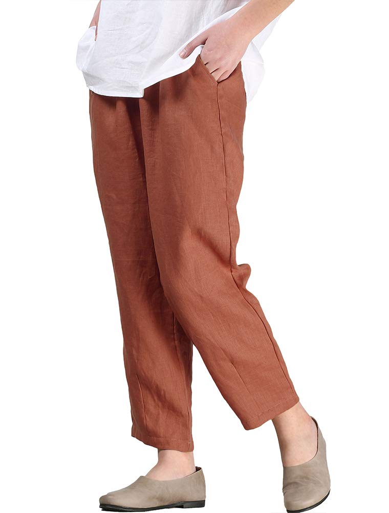 LaovanIn Women's Linen Cropped Pants Tapered Ankle Capris Trousers Elastic Waist Large Orange - Image 4
